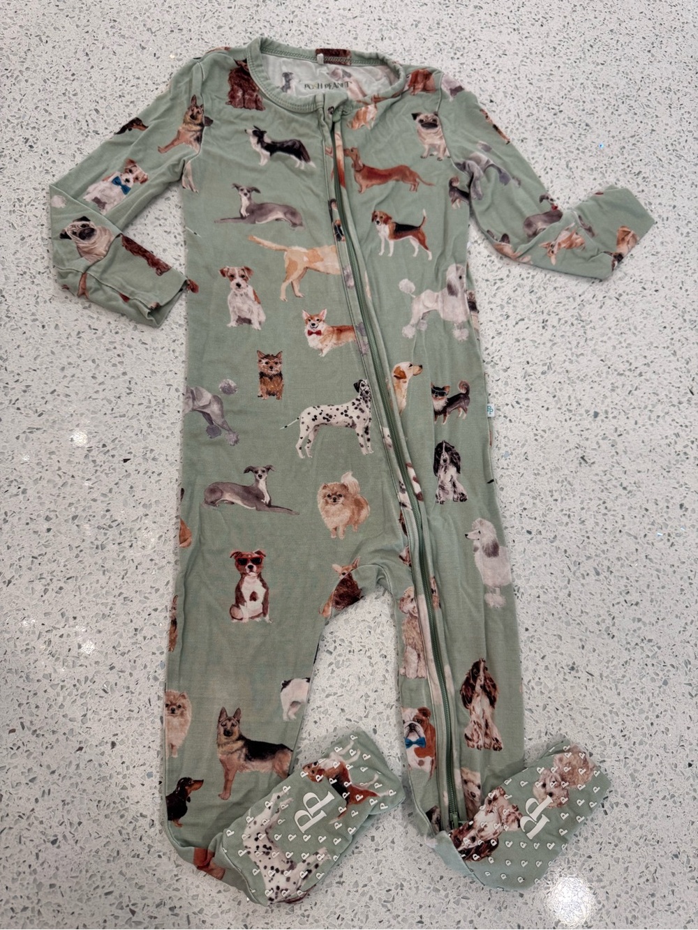 Posh Peanut Sage Green Dog Print Footed One-Piece